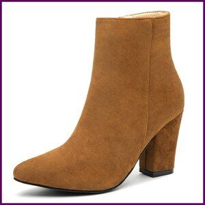 Suede Ankle Boots Chunky Heel Pointed Toe Side Zipper Dressy Booties